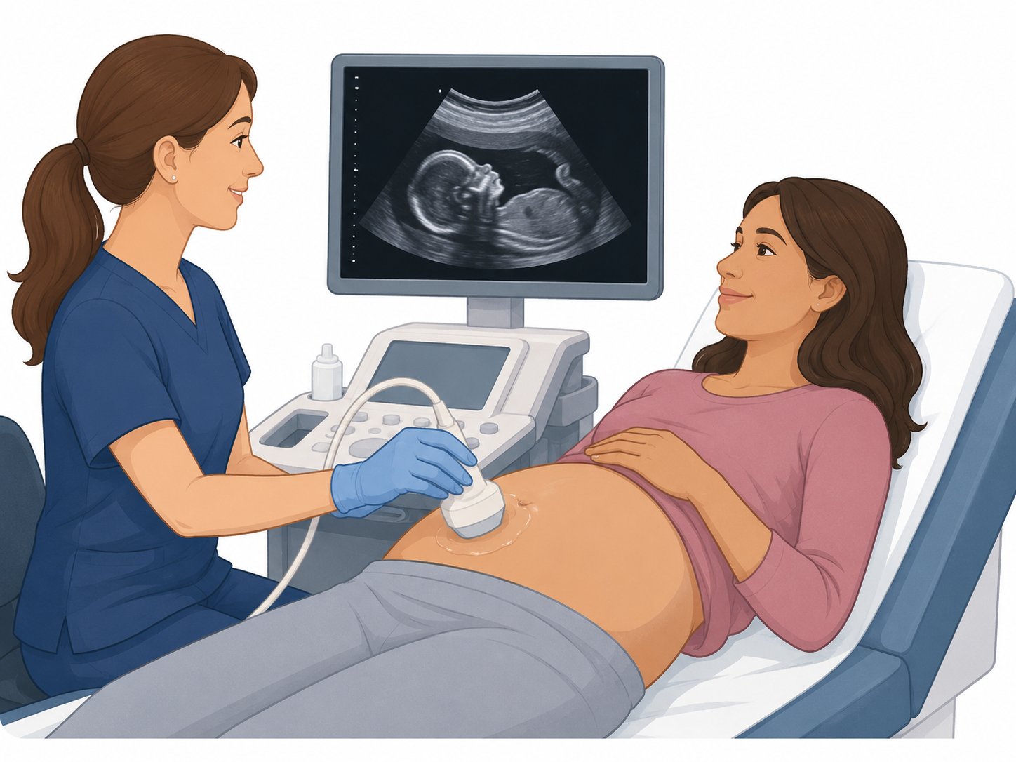 Pregnant patient having an ultrasound while the sonographer moves the probe over the belly.